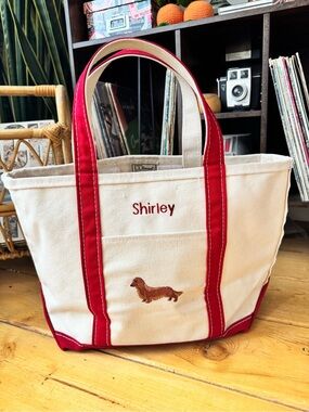 Vintage L.L. Bean Boat and Tote Medium Bag Red Ivory Dachshund Dog Monogrammed
